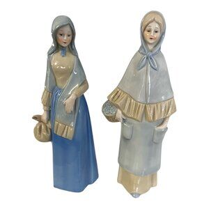 Vintage Ceramic Woman Figurines Pair Blue Gray 8 Inch Mid Century Decor